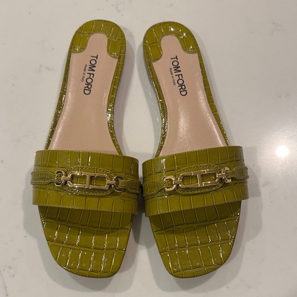 Tom Ford Green Croc-Embossed Sandals with Gold Accent